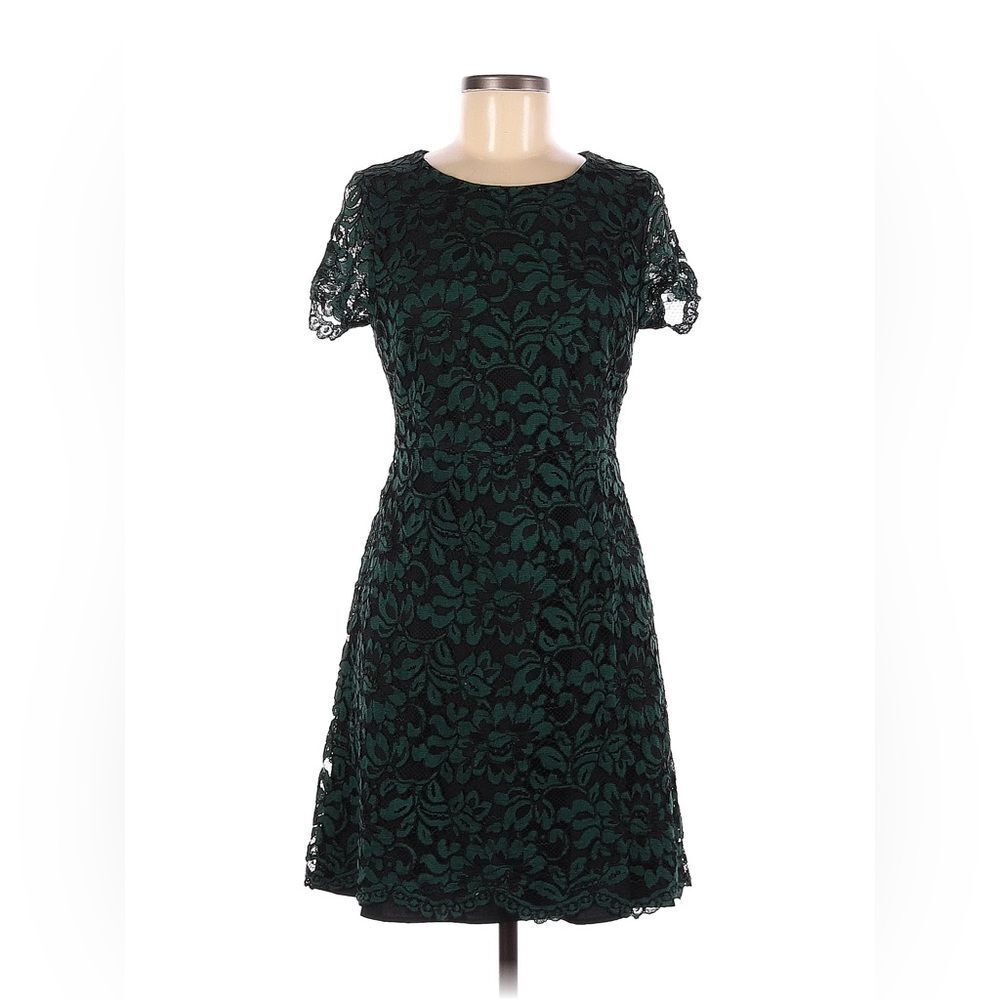 Tahari Lace Illusion Short Sleeve Cocktail Dress - Size 12 - Green/Black - EUC